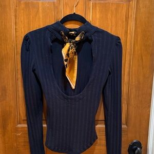 Free People Ribbed Black Top with Open Back & Scarf Tie with Gold Accents